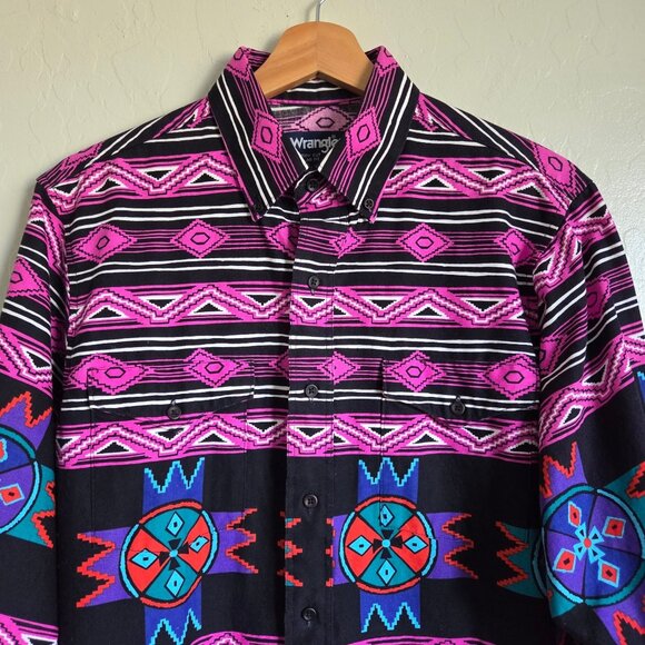 Wrangler Vintage 90's Men's Western Shirt Pink/Blk Southwestern Aztec Cowboy Cut - Picture 3 of 10
